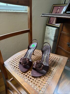 Vintage sling backs Magnolia satin brown sling beaded rosette